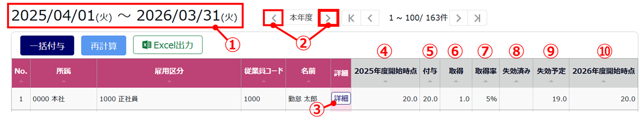 1811|【勤怠】休暇の付与、取得、失効状況を年度ごとに一覧で確認する方法2